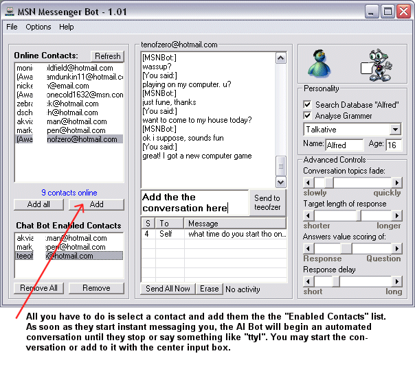 Screenshot of the MSN Messenger Bot Application